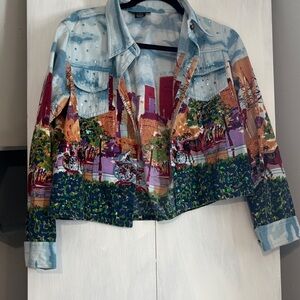 Soho Multicolor Printed Light Blue Denim Jacket